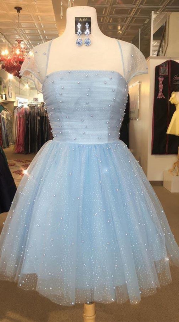 Blue Square Neck Illusion Beaded A-line Graduation Party Short Homecoming Dresses Formal Evening Party Dresses, QB0830