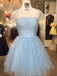 Blue Square Neck Illusion Beaded A-line Graduation Party Short Homecoming Dresses Formal Evening Party Dresses, QB0830