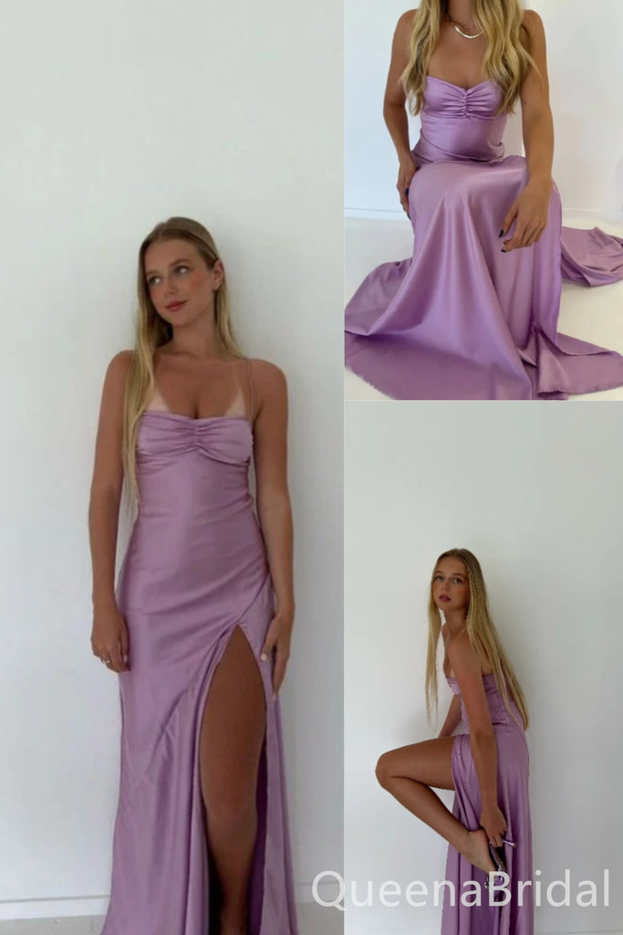 Gorgeous Lilac Spaghetti Straps Side Slit Sheath Party Dress Long Prom Dresses to Impress ,WGP1660