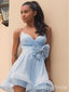 Light Blue Spaghetti Straps V Neck A-line Graduation Party Short Homecoming Dresses, QB0791