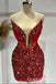 Sparkle Red Mermaid Strapless Plunging Graduation Party Short Homecoming Dresses, QB0792