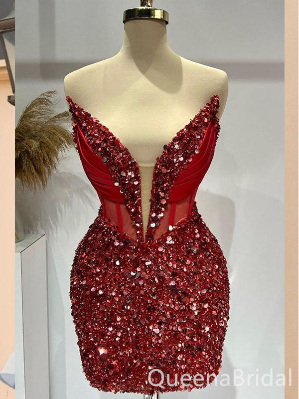 Sparkle Red Mermaid Strapless Plunging Graduation Party Short Homecoming Dresses, QB0792