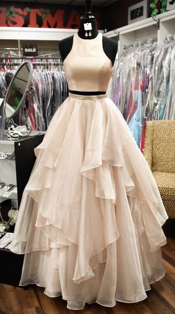 Two Pieces Halter Champagne Ruffles A-line Long Prom Dresses to Impress ,WGP1364