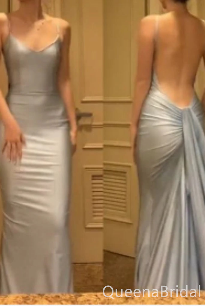 Stylish Blue Spaghetti Straps Open Back V Neck Long Party Dress Long Prom Dresses to Impress ,WGP1411