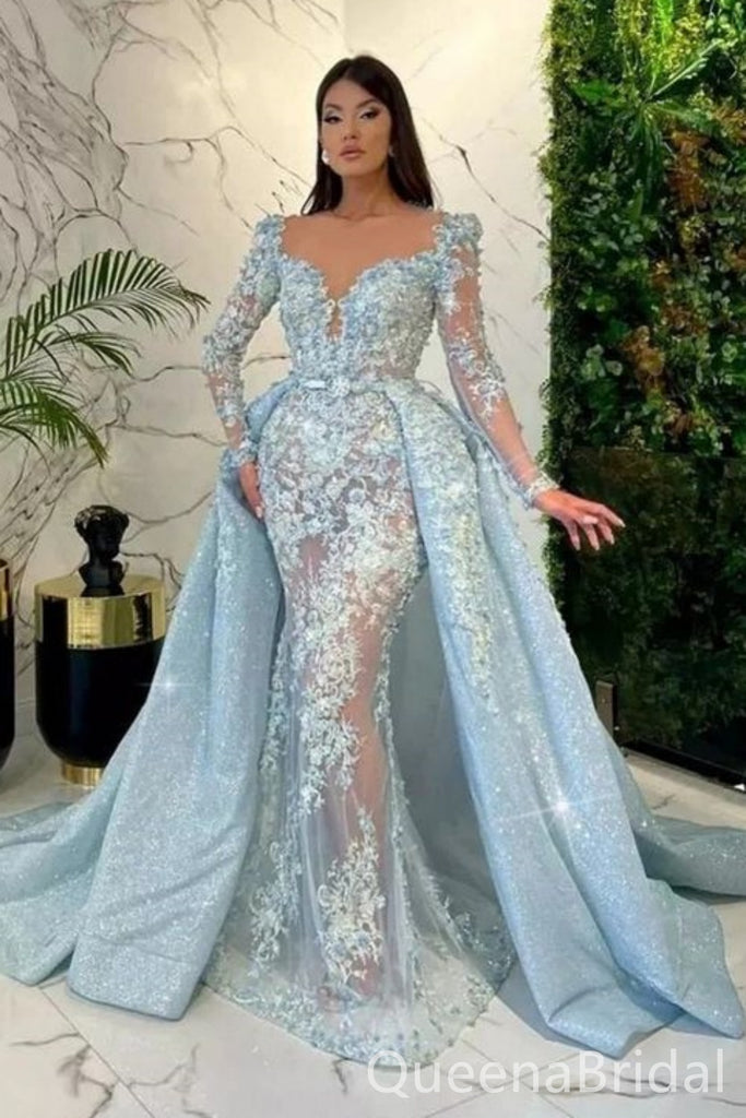 Light Blue Long Sleeves Lace Appliques Sparkle Mermaid Evening Gown Long Evening Party Prom Dresses, WGP1275