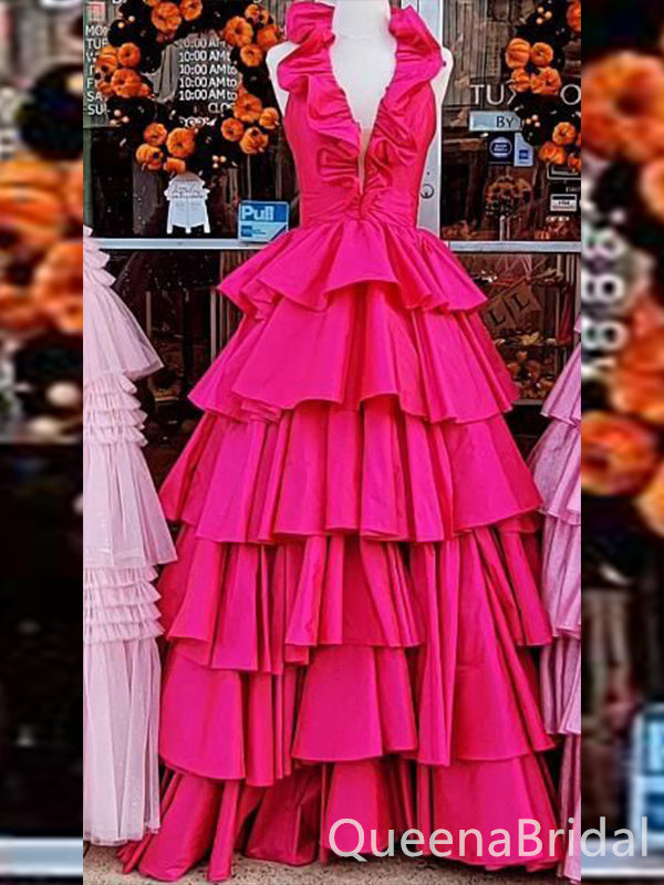 Hot Pink A-line Plunging Layer Evening Gown Maxi Long Evening Party Prom Dresses,WGP1082