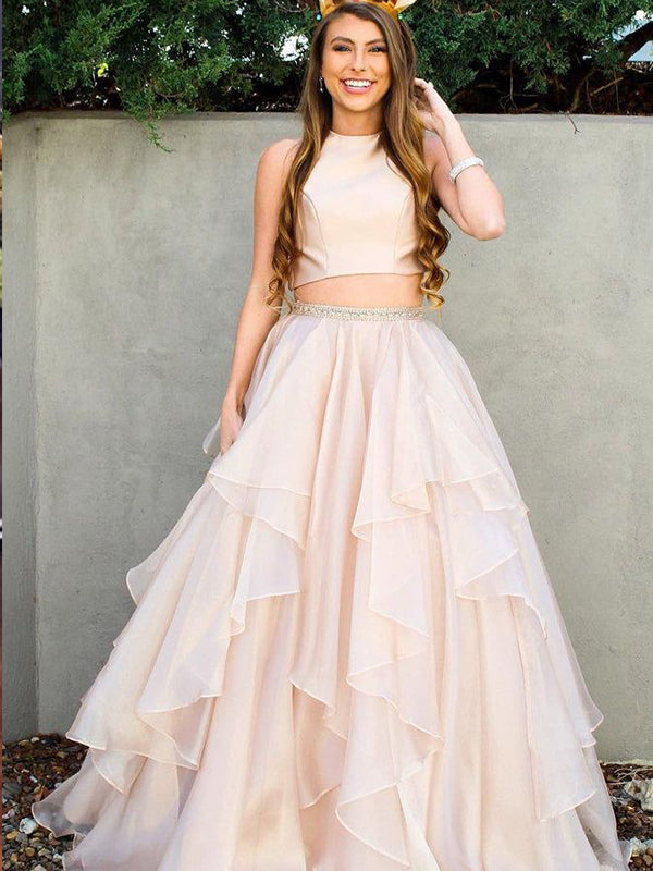 Two Pieces Halter Champagne Ruffles A-line Long Prom Dresses to Impress ,WGP1364