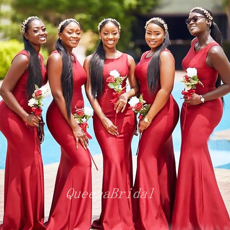 Elegant Red Square Simple Cheap Mermaid Long Bridesmaid Dresses , BDS0198