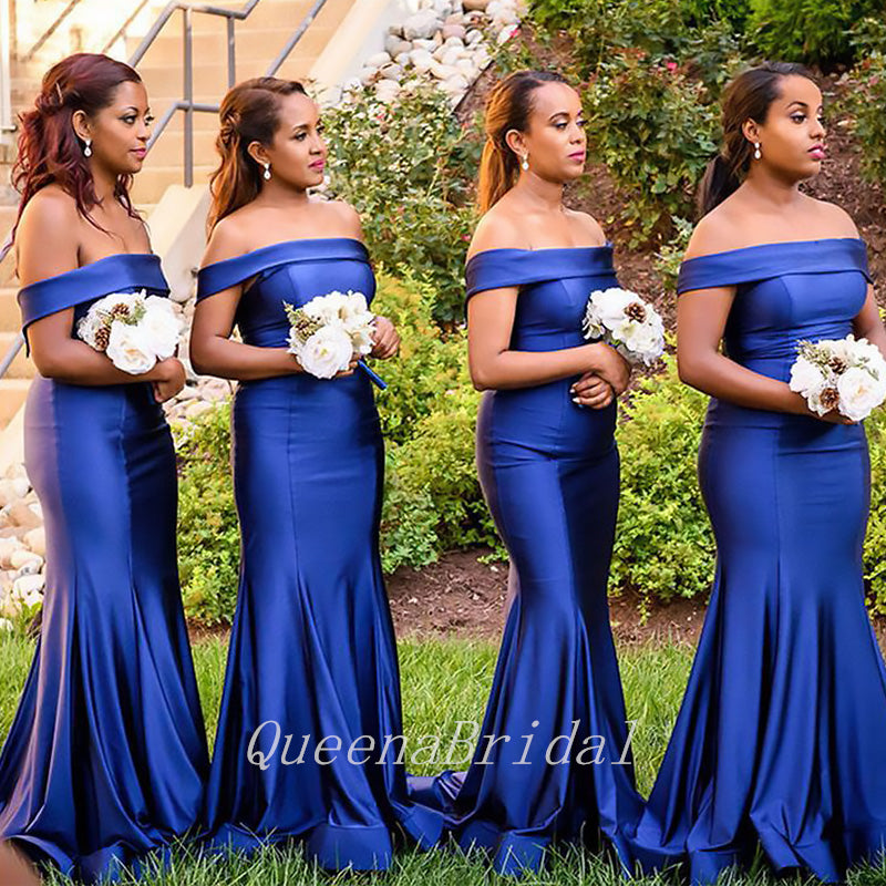 Elegant Royal Blue Off Shoulder Mermaid Simple Bridesmaid Dresses,BDS0178