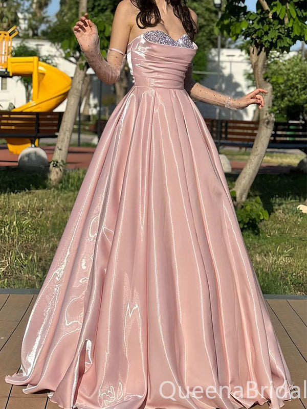 Stunning Shiny Pink Strapless Beaded Pleats A-line Party Dress Long Prom Dresses to Impress ,WGP1607