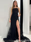 Mermaid Black Lace Appliques Lace UP Back Strapless Evening Ball Gown Maxi Long Formal Dresses Prom Dresses with High Slit ,WGP986