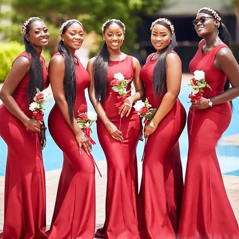 Elegant Red Square Simple Cheap Mermaid Long Bridesmaid Dresses , BDS0198