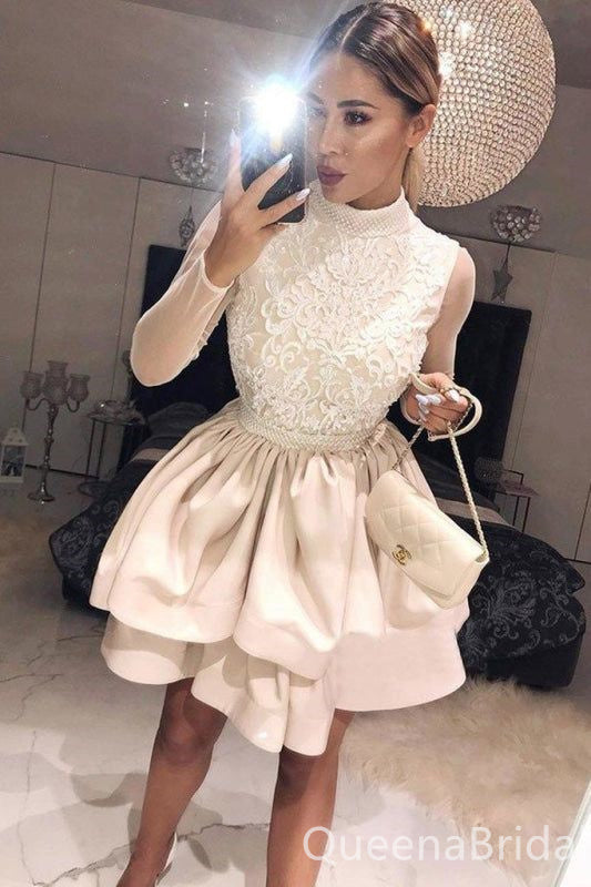 Elegant Long Sleeves High Neck Lace Appliques Open Back Charming A-line Short Homecoming Dresses with Ruffles ,QB0643