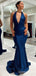 Sexy Plunging Deep V-neck Halter Open Back Mermaid Evening Gown Maxi Long Formal Dresses Prom Dresses with Trailing,WGP947