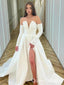 White A-line V Neck Long Sleeves Strapless Long Wedding Dresses with Side Slit ,WGP228