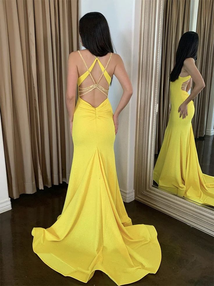 Yellow Spaghetti Straps Mermaid Evening Gown Maxi Long Evening Party Prom Dresses ,WGP1091