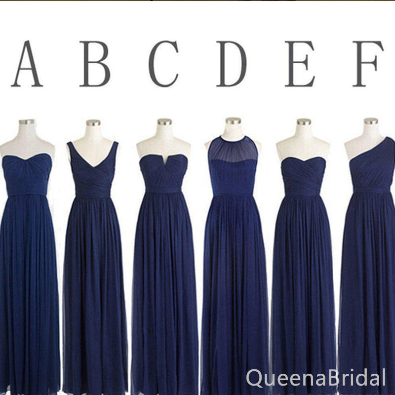 Blue Mismatched Sheath Chiffon Long Bridesmaid Dresses ,BDS0219