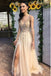 Champagne Sparkle Beaded Plunging Evening Gown Maxi Long Evening Party Prom Dresses with Side Slit,WGP1093