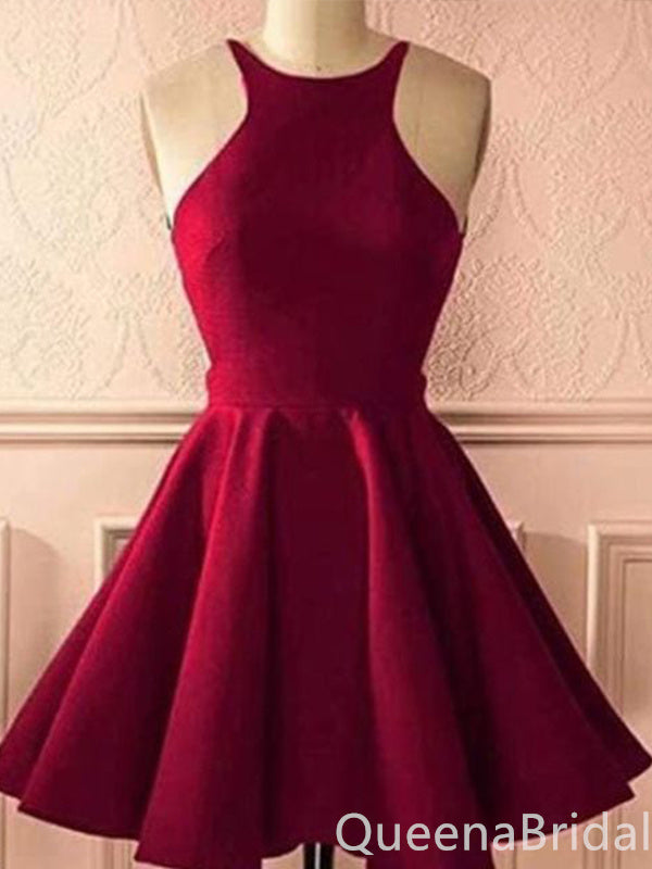 Burgundy O-neck Sleeveless A-line Graduation Party Short Homecoming Dresses with Pleats,QB0744