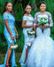 One Shoulder Blue Mermaid Illusion Long Bridesmaid Dresses with Side Slit, BDS0209