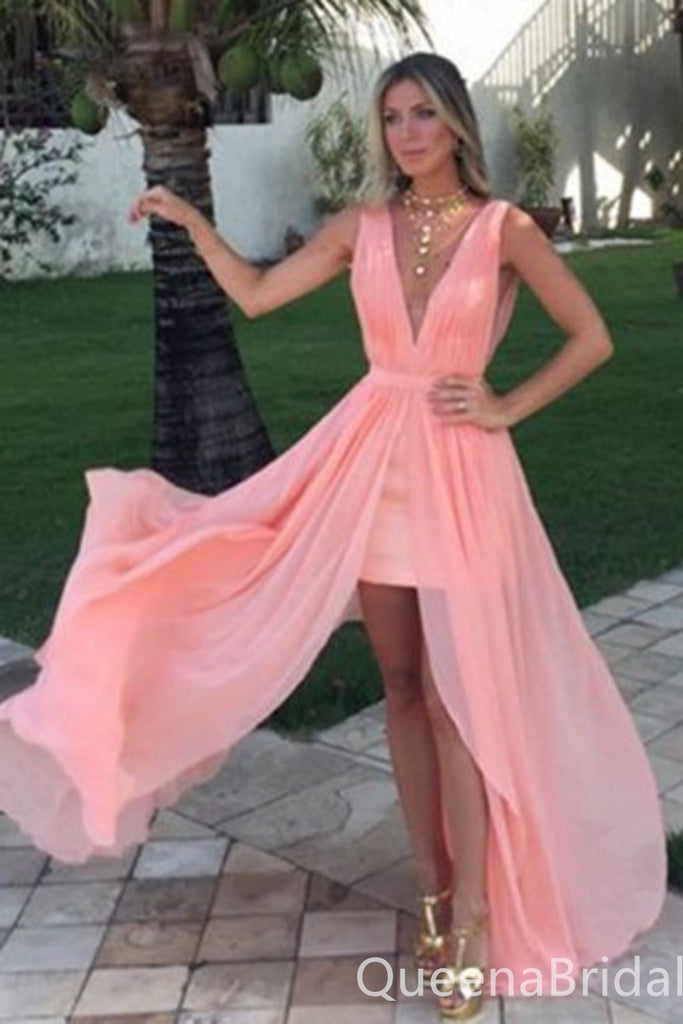 Stylish Pink Plunging A-line Evening Gown Maxi Long Evening Party Prom Dresses ,WGP1154