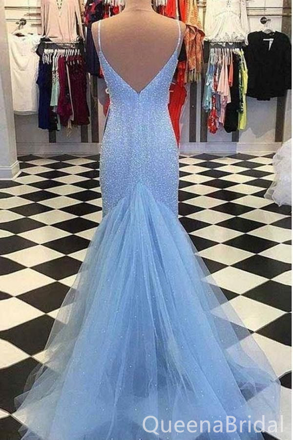 Sparkle Light Blue Spaghetti Straps Mermaid Evening Gown Maxi Long Evening Party Prom Dresses,WGP1095