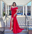 Red Off Shoulder V Neck Mermaid Long Bridesmaid Dresses with Slit ,BDS0223