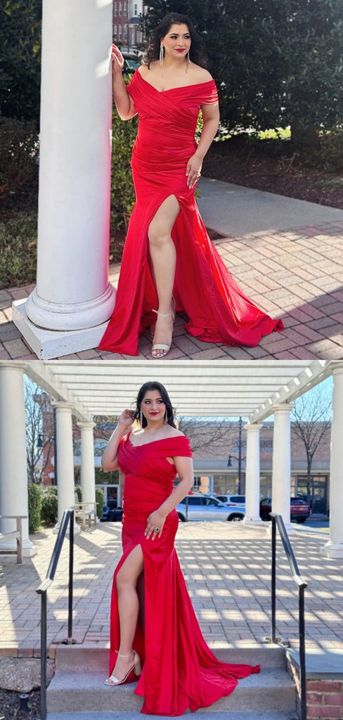 Red Off Shoulder V Neck Mermaid Long Bridesmaid Dresses with Slit ,BDS0223