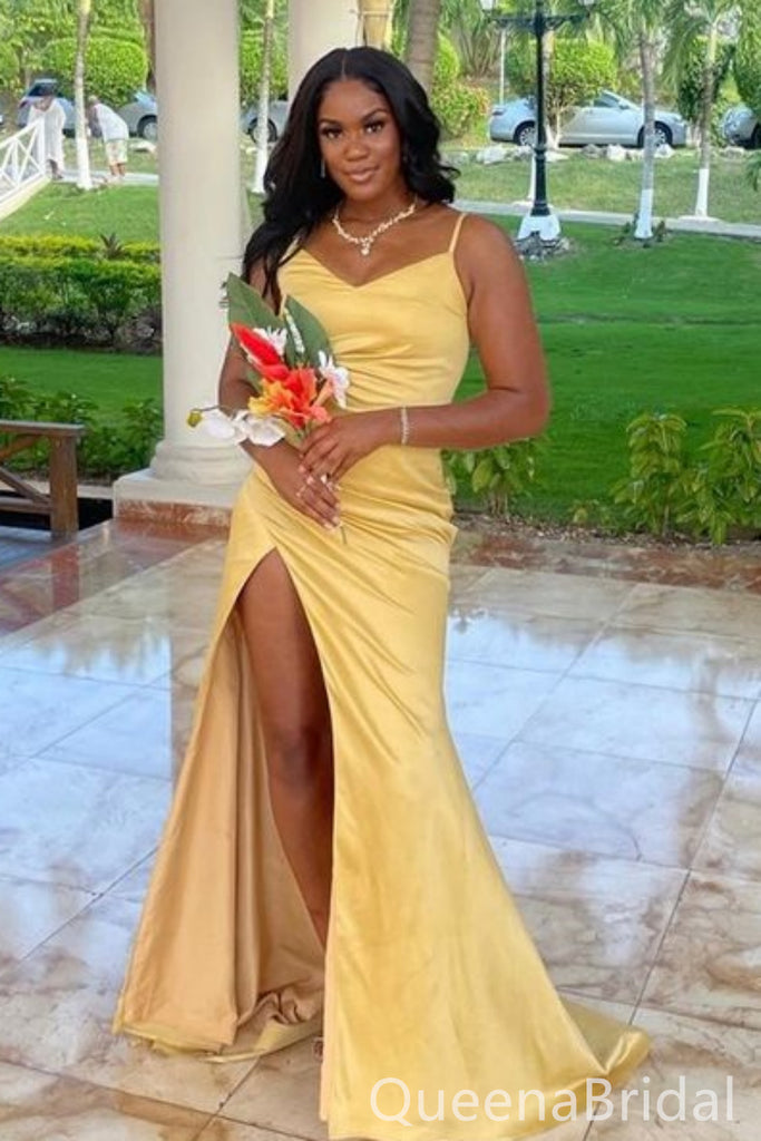 Yellow Sheath Spaghetti Straps V Neck Evening Gown Maxi Long Evening Party Prom Dresses with Slit,WGP1096