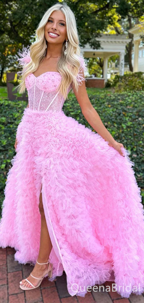 Stylish Pink Sweetheart Sheer Corset Bodice A-line Evening Gown Long Evening Party Prom Dresses ,WGP1287