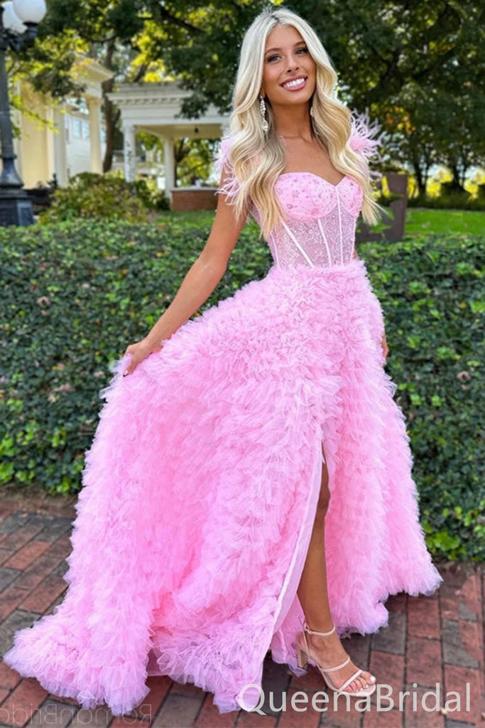 Stylish Pink Sweetheart Sheer Corset Bodice A-line Evening Gown Long Evening Party Prom Dresses ,WGP1287