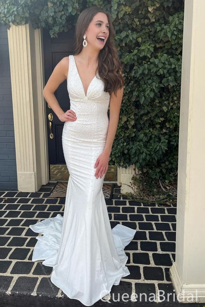 White Plunging Mermaid Beaded Evening Gown Maxi Long Evening Party Prom Dresses with Trailing,WGP1098