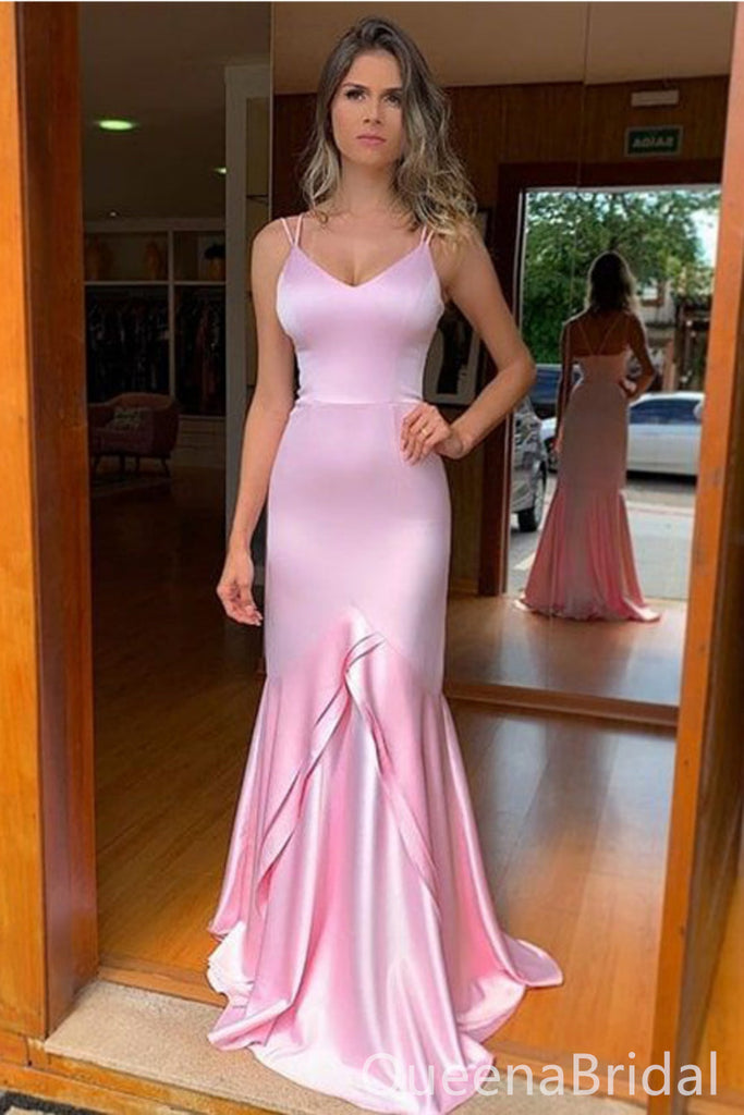 Light Pink Spaghetti Straps Mermaid V Neck Evening Gown Maxi Long Evening Party Prom Dresses,WGP1102