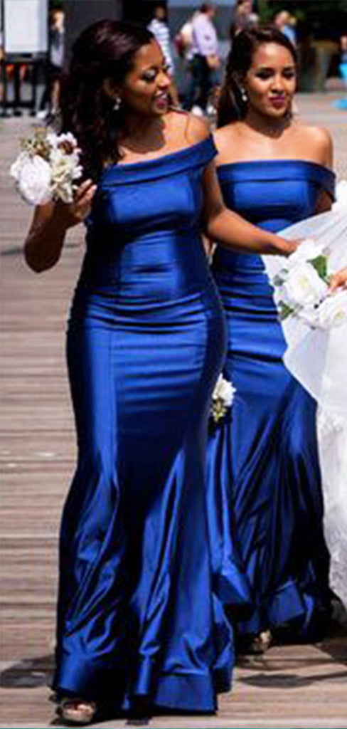 Elegant Royal Blue Off Shoulder Simple Cheap Mermaid Long Bridesmaid Dresses , BDS0215