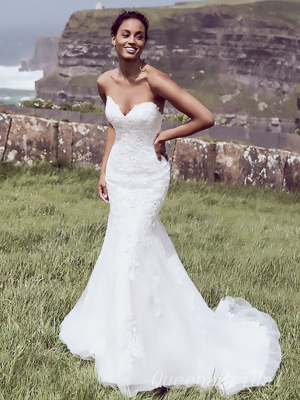 Elegant White V Neck Lace Appliques Tulle Mermaid Long Wedding Dresses,WGP209