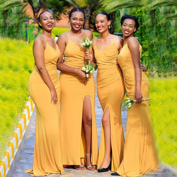 Elegant Yellow Spaghetti Straps Soft Satin Side Slit Mermaid Long Cheap Bridesmaid Dresses,BDS0164