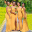 Elegant Yellow Spaghetti Straps Soft Satin Side Slit Mermaid Long Cheap Bridesmaid Dresses,BDS0164