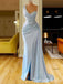 Light Blue Mermaid One Shoulder Beaded Evening Gown Maxi Long Evening Party Prom Dresses with Side Slit,WGP1185