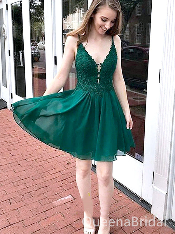 Elegant Green Spaghetti Straps Appliques Lace V Neck Short Homecoming Dresses ,QB0390