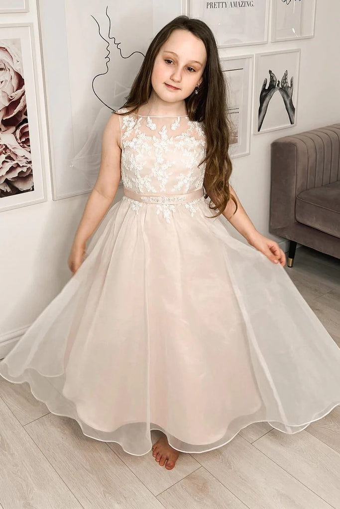 Elegant White Tulle Lace Appliques A-Line Cheap Simple Long Flower Girl Dresses, FGS0043