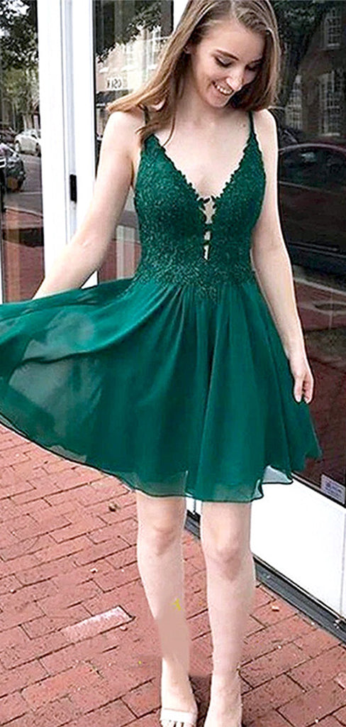 Elegant Green Spaghetti Straps Appliques Lace V Neck Short Homecoming Dresses ,QB0390