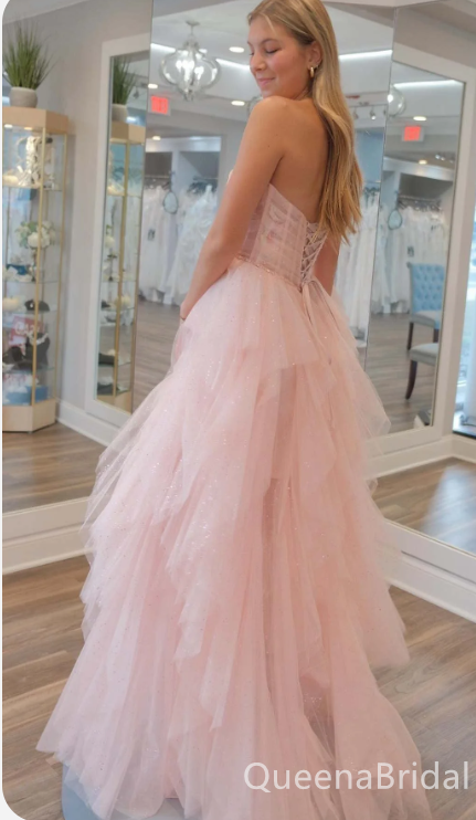 Elegant Cute Light Pink Strapless A-line Layer Tulle Fluffy Evening Gown Long Formal Dresses Prom Dresses,WGP815