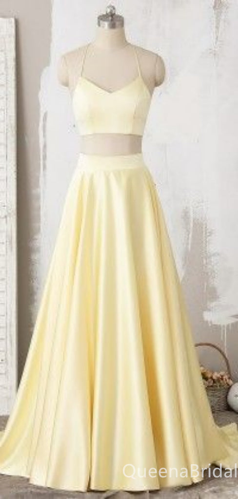 Two Pieces Halter A-line Light Yellow Evening Ball Gown Maxi Long Formal Dresses Prom Dresses with Pleats,WGP987