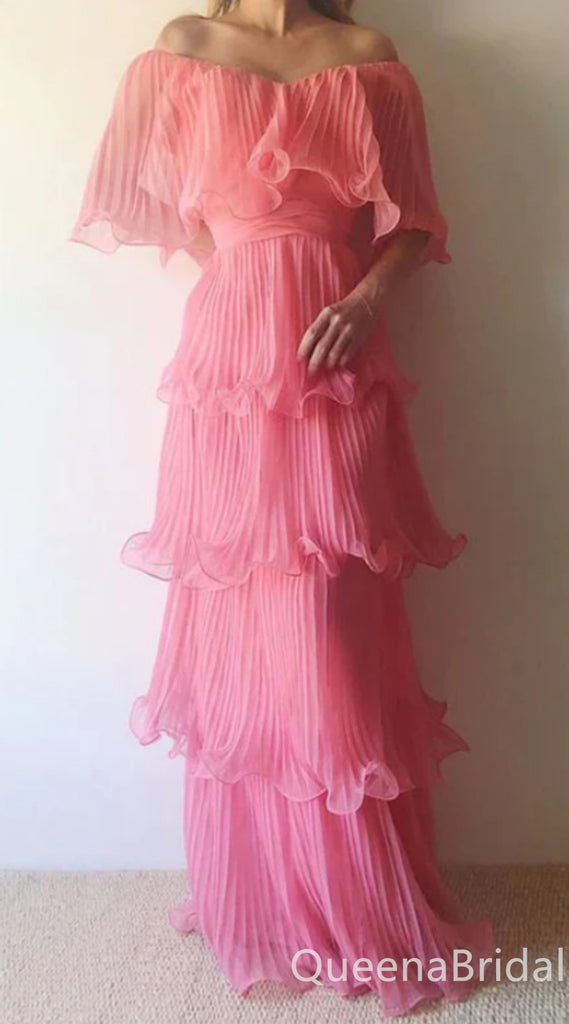 Pink Off Shoulder Layer Evening Gown Maxi Long Evening Party Prom Dresses ,WGP1186