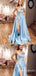 Sexy Elegant Blue Strapless High Slit A-line Evening Gown Long Prom Dresses,WGP736