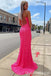 Sparkle Hot Pink Lace up Back Spaghetti Straps Mermaid Evening Gown Long Evening Party Prom Dresses with Slit ,WGP1293