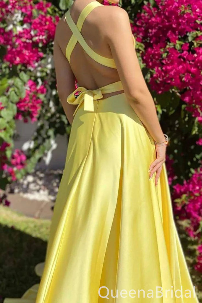 Yellow Plunging Criss Cross A-line Evening Gown Maxi Long Evening Party Prom Dresses with Side Slit,WGP1105