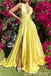 Yellow Plunging Criss Cross A-line Evening Gown Maxi Long Evening Party Prom Dresses with Side Slit,WGP1105