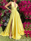 Yellow Plunging Criss Cross A-line Evening Gown Maxi Long Evening Party Prom Dresses with Side Slit,WGP1105