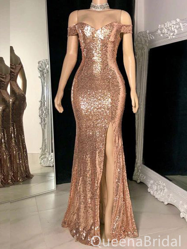 Sparkle Off Shoulder Mermaid Evening Gown Maxi Long Evening Party Prom Dresses with Side Slit ,WGP1107